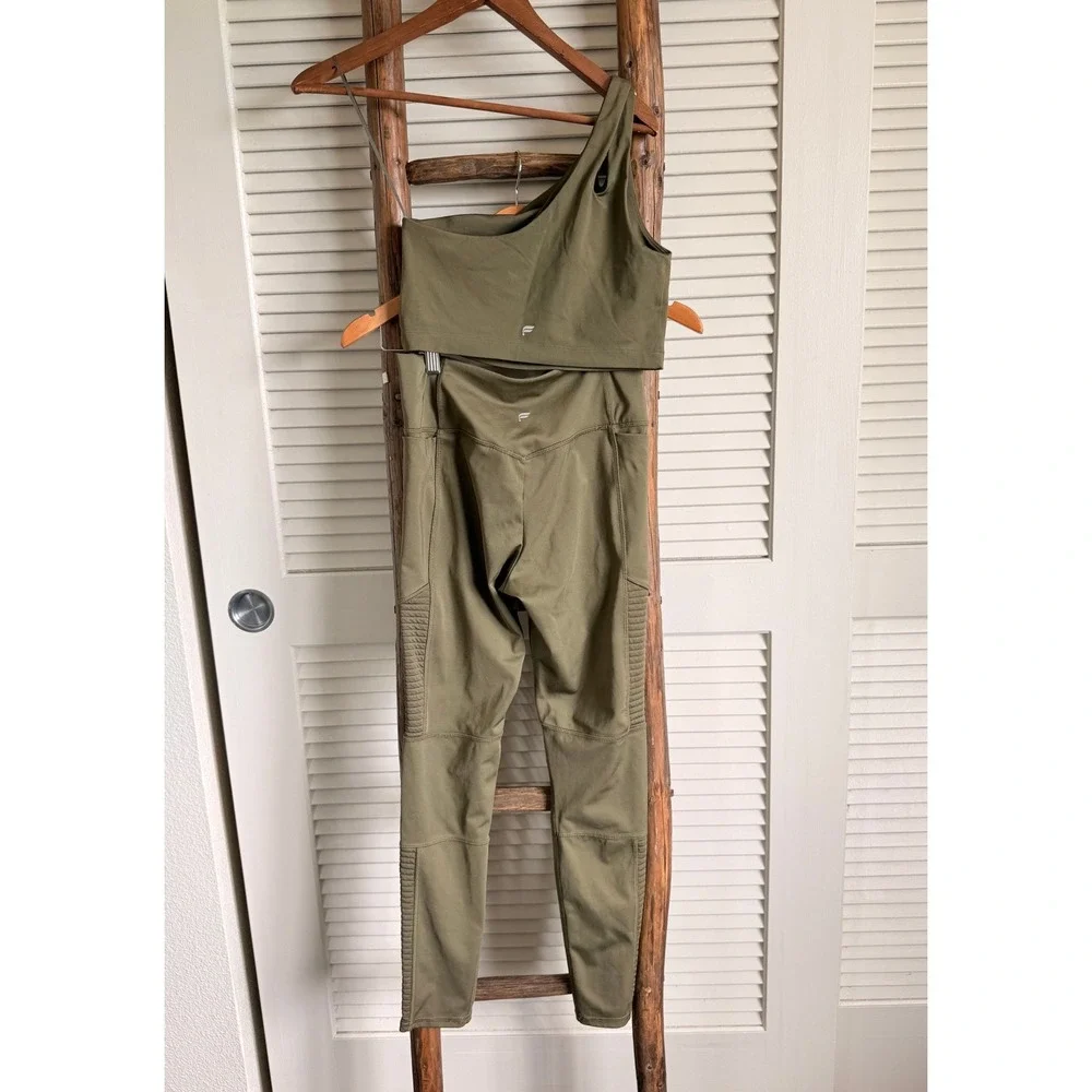 Fabletics Olive Green Moto Leggings and‎ One Shoulder Sports Bra Set